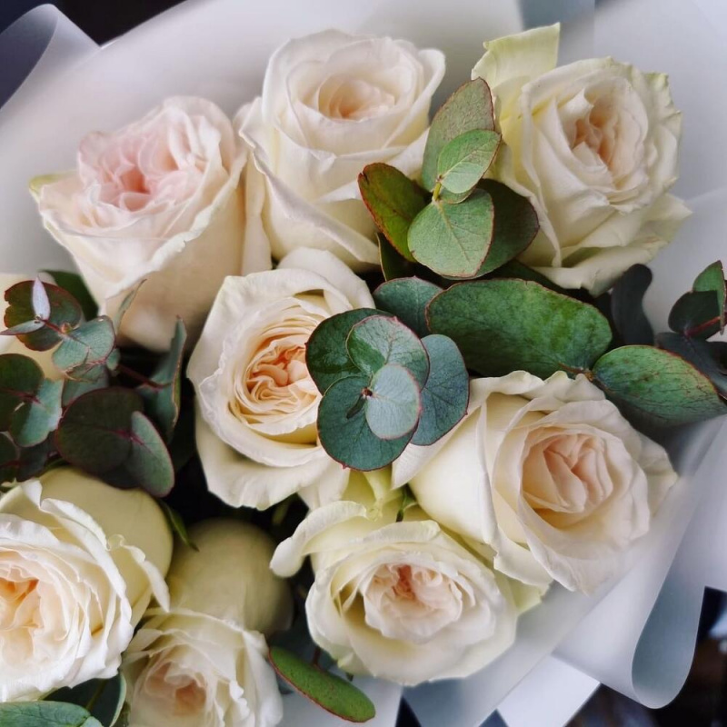11 белых пионовидных роз О